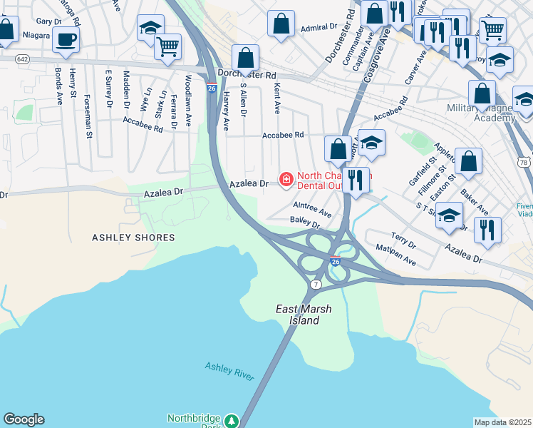 map of restaurants, bars, coffee shops, grocery stores, and more near 2388 Cambridge Avenue in North Charleston