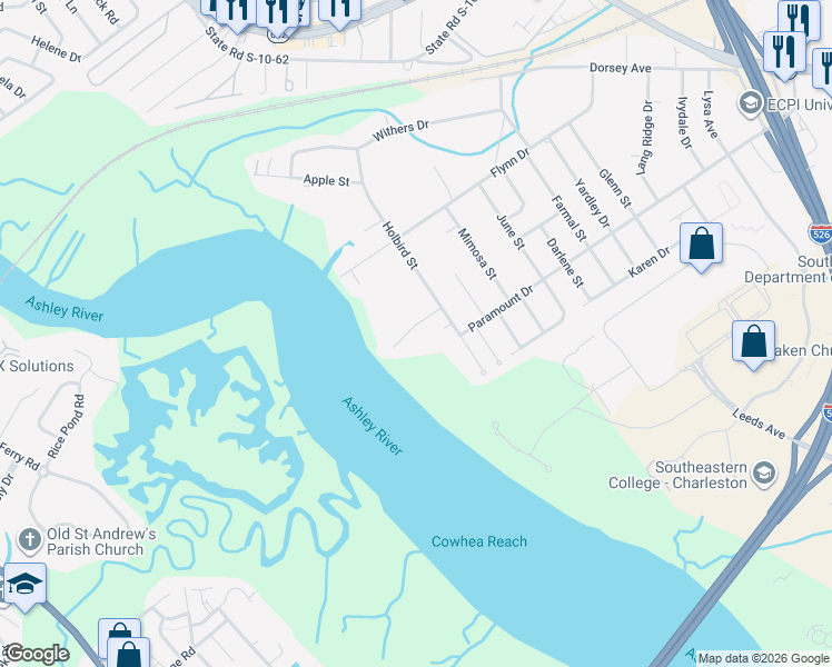map of restaurants, bars, coffee shops, grocery stores, and more near 4629 Ashley View Lane in North Charleston