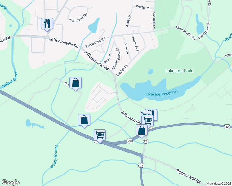 map of restaurants, bars, coffee shops, grocery stores, and more near 2616-2698 Jeffersonville Road in Macon