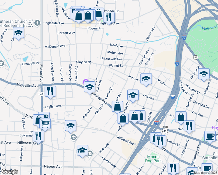 map of restaurants, bars, coffee shops, grocery stores, and more near 149 Lamar Street in Macon
