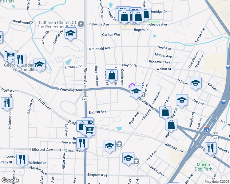 map of restaurants, bars, coffee shops, grocery stores, and more near 145 Buckingham Place in Macon