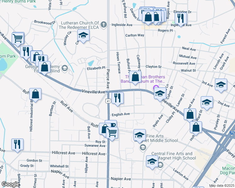 map of restaurants, bars, coffee shops, grocery stores, and more near 123 Cleveland Avenue in Macon