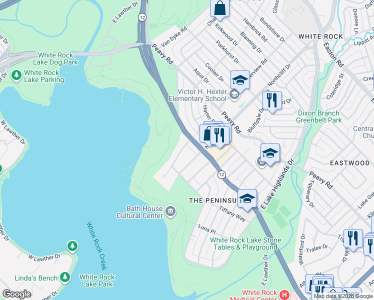 map of restaurants, bars, coffee shops, grocery stores, and more near 9438 Waterview Road in Dallas