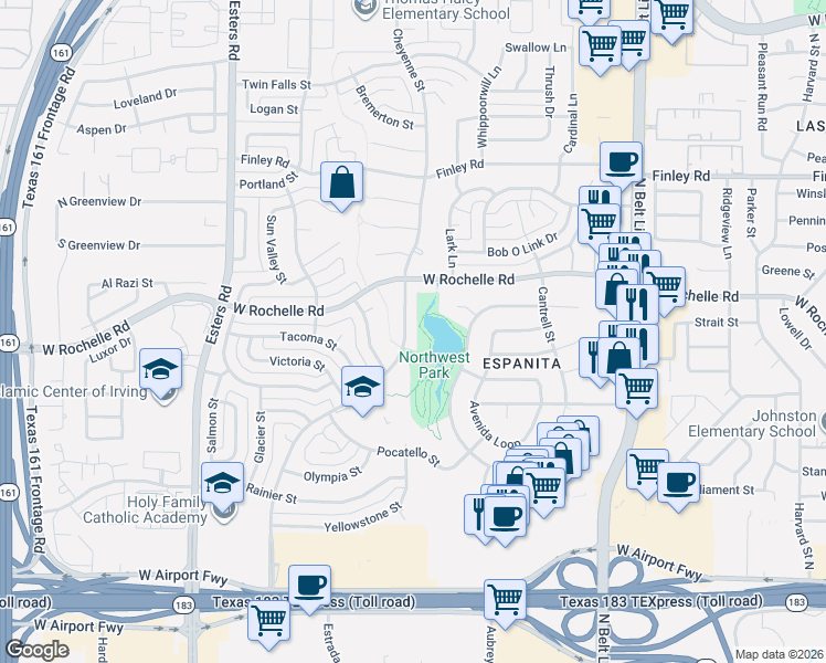 map of restaurants, bars, coffee shops, grocery stores, and more near in Irving