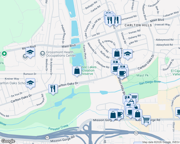 map of restaurants, bars, coffee shops, grocery stores, and more near 9421 Calle Del Lago in Santee