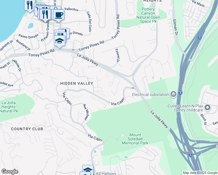 map of restaurants, bars, coffee shops, grocery stores, and more near 3230 Caminito La Paz in San Diego
