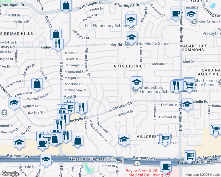 map of restaurants, bars, coffee shops, grocery stores, and more near 1817 Cunningham Street in Irving
