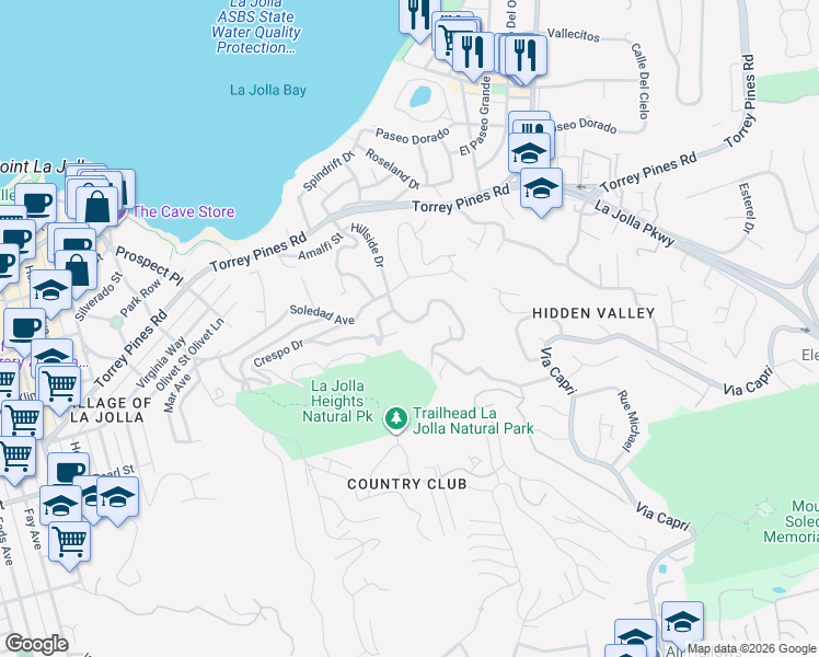 map of restaurants, bars, coffee shops, grocery stores, and more near 7682 Hillside Drive in San Diego
