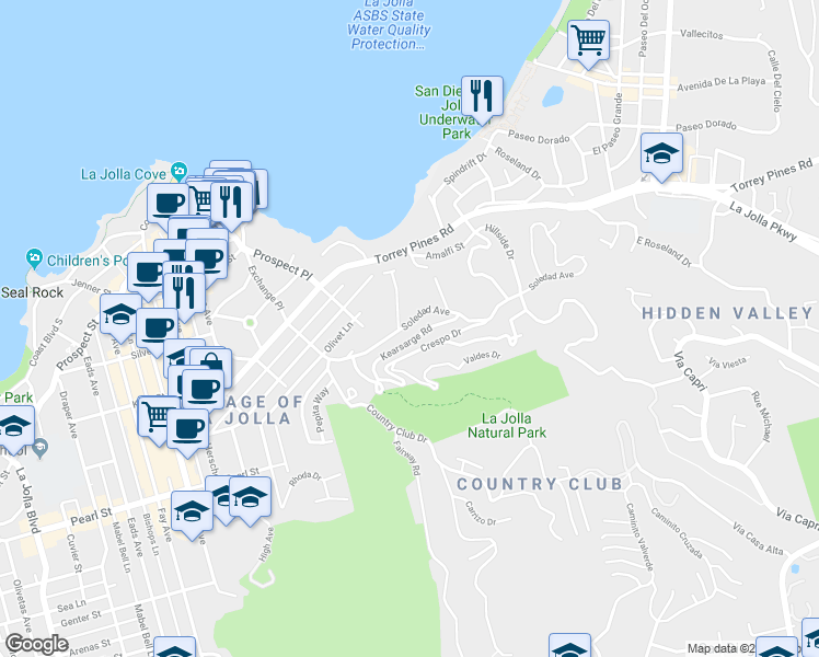 map of restaurants, bars, coffee shops, grocery stores, and more near 1617 Soledad Avenue in San Diego