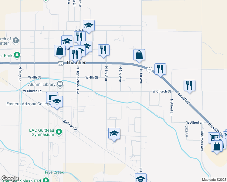 map of restaurants, bars, coffee shops, grocery stores, and more near West Church Street in Thatcher