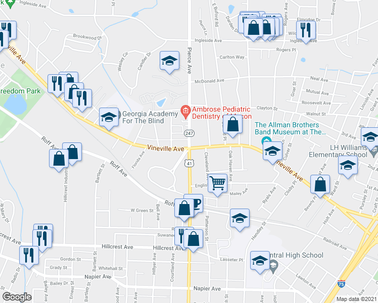 map of restaurants, bars, coffee shops, grocery stores, and more near 101 Pio Nono Avenue in Macon
