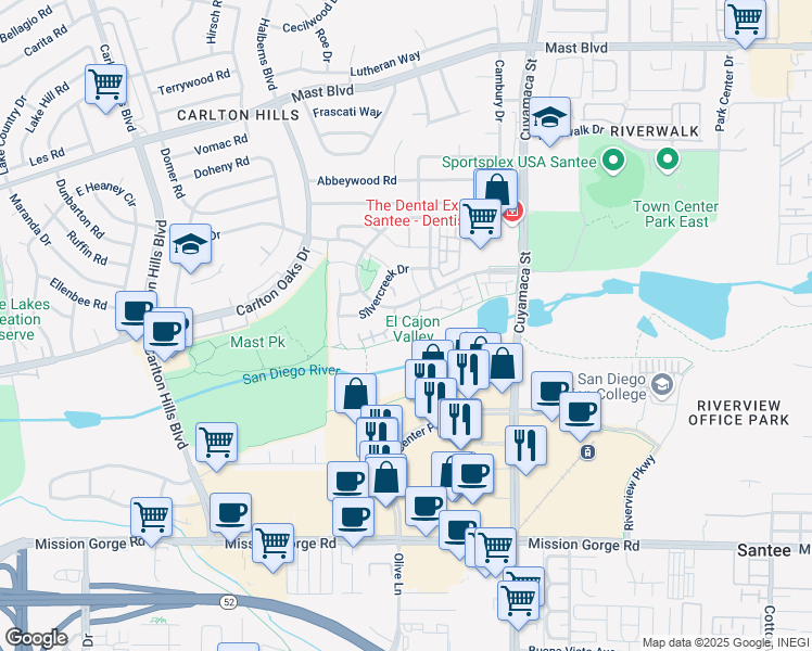 map of restaurants, bars, coffee shops, grocery stores, and more near 169 River Rock Court in Santee