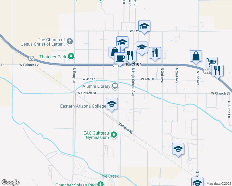 map of restaurants, bars, coffee shops, grocery stores, and more near 3714 West Church Street in Thatcher
