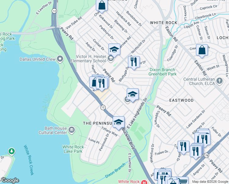 map of restaurants, bars, coffee shops, grocery stores, and more near 9546 Tarleton Street in Dallas
