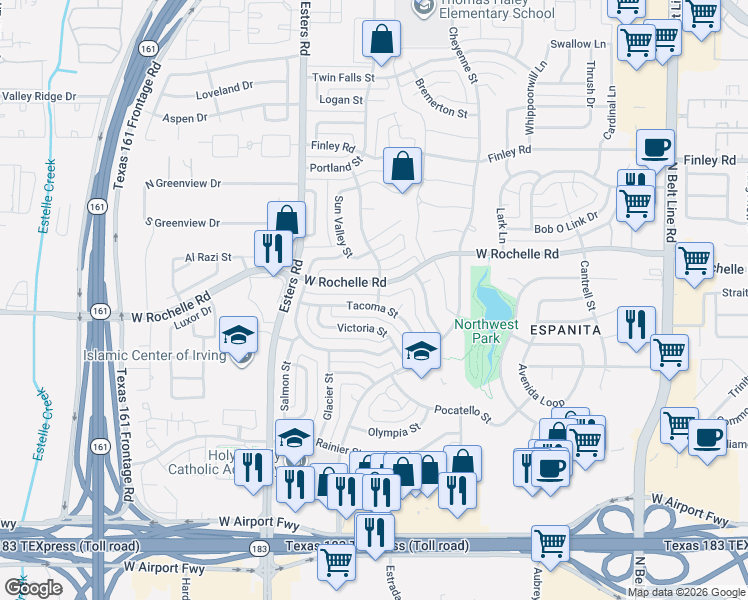 map of restaurants, bars, coffee shops, grocery stores, and more near 4016 Tacoma Street in Irving