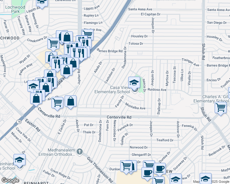 map of restaurants, bars, coffee shops, grocery stores, and more near 10857 Estacado Drive in Dallas