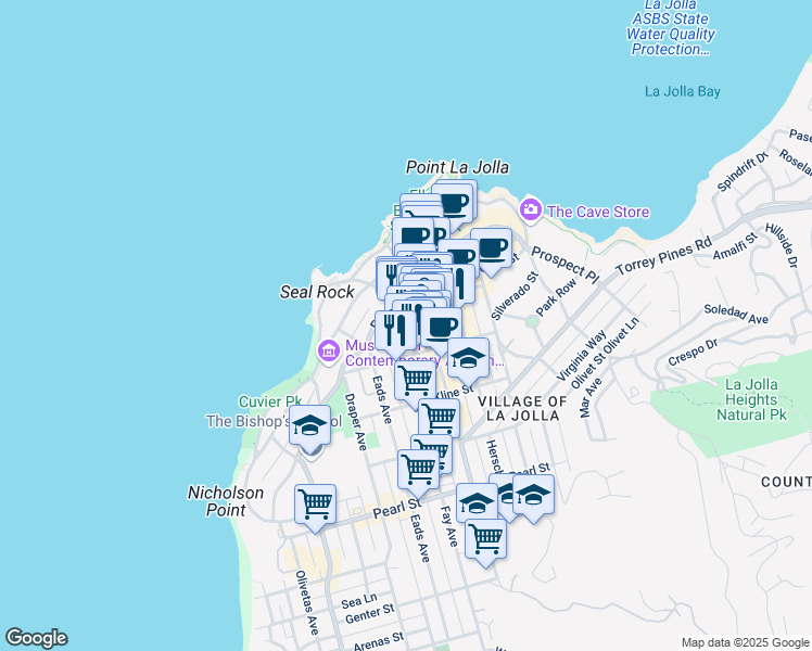 map of restaurants, bars, coffee shops, grocery stores, and more near 7816 Girard Avenue in San Diego