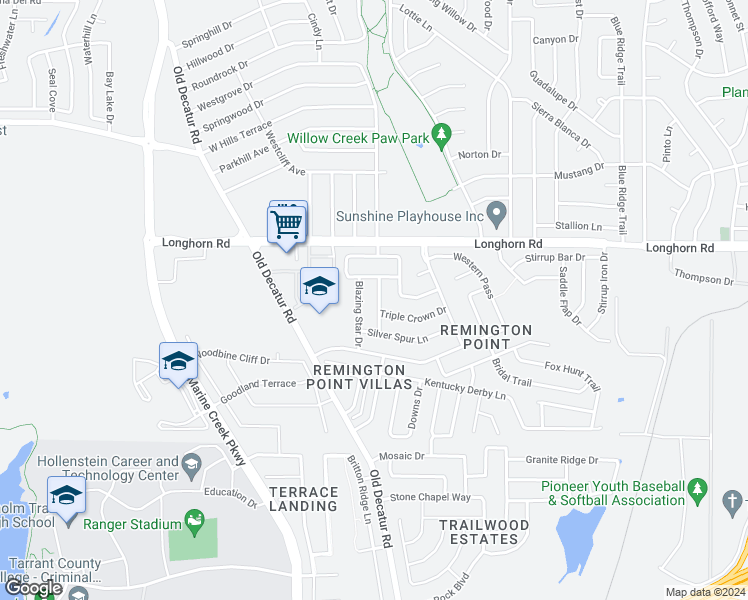 map of restaurants, bars, coffee shops, grocery stores, and more near 6029 Bronze River Road in Fort Worth