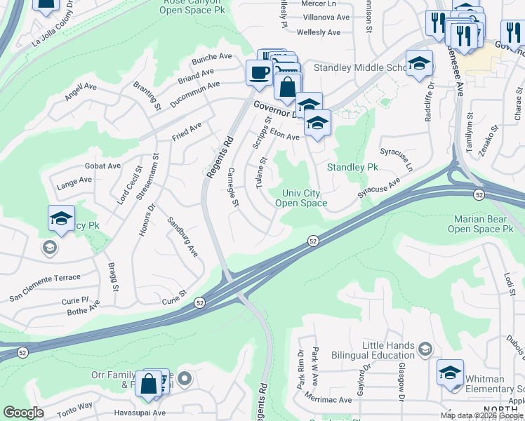 map of restaurants, bars, coffee shops, grocery stores, and more near 5630 Scripps Street in San Diego