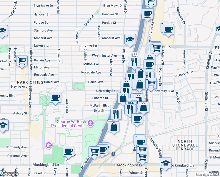 map of restaurants, bars, coffee shops, grocery stores, and more near 2833 University Boulevard in Dallas