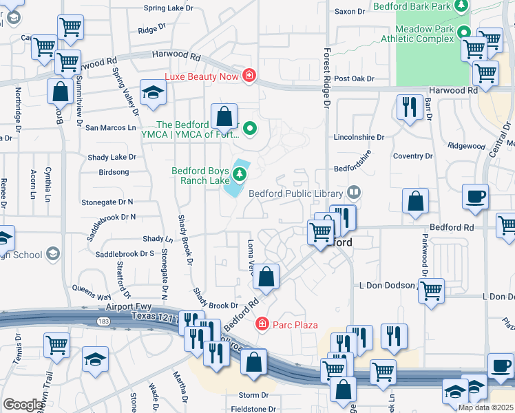 map of restaurants, bars, coffee shops, grocery stores, and more near 1300 Shady Lane in Bedford