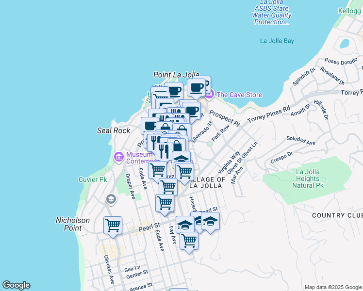 map of restaurants, bars, coffee shops, grocery stores, and more near 1041 Silverado Street in San Diego