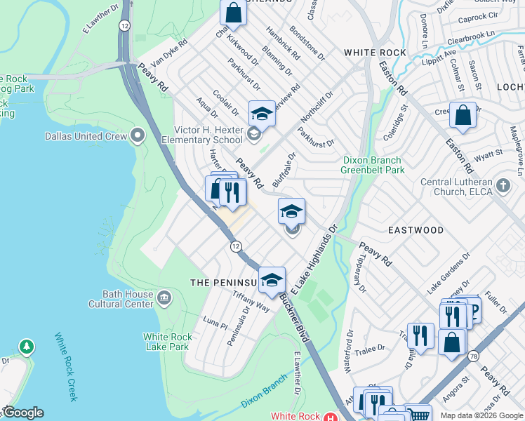 map of restaurants, bars, coffee shops, grocery stores, and more near 9546 Tarleton Street in Dallas