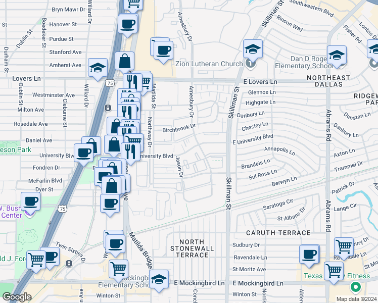 map of restaurants, bars, coffee shops, grocery stores, and more near 5908 East University Boulevard in Dallas