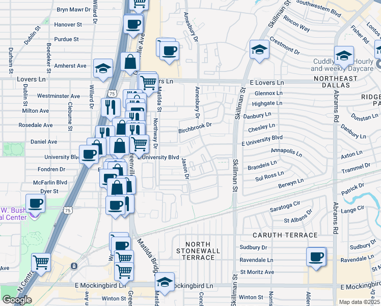 map of restaurants, bars, coffee shops, grocery stores, and more near 5908 East University Boulevard in Dallas