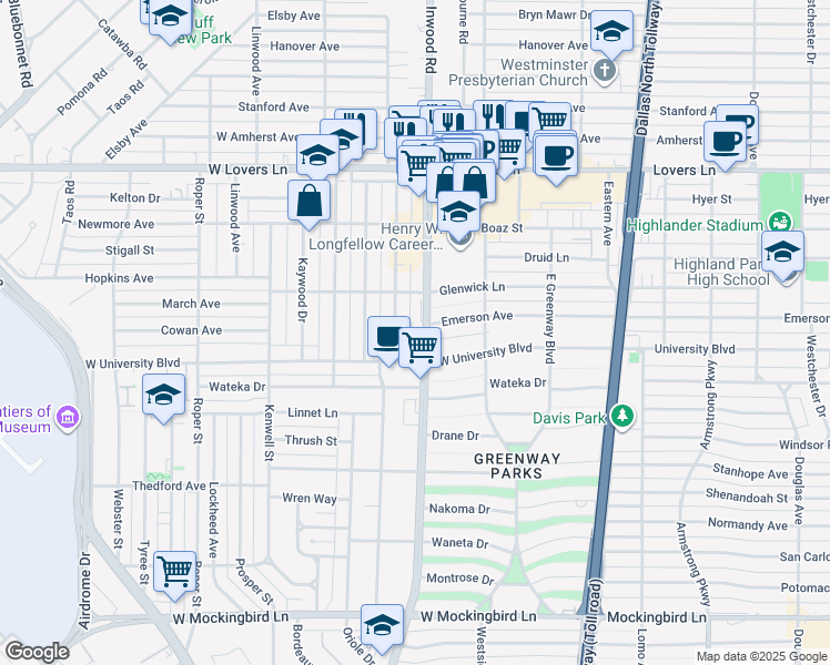 map of restaurants, bars, coffee shops, grocery stores, and more near 7214 Robin Road in Dallas