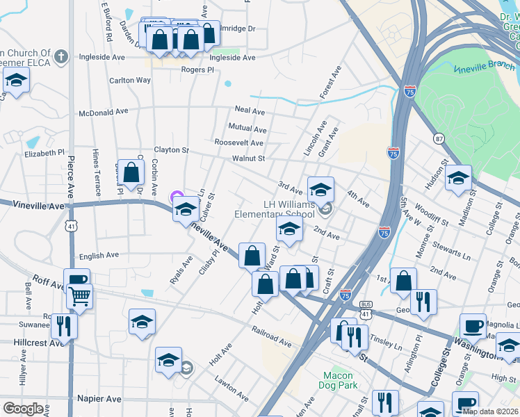 map of restaurants, bars, coffee shops, grocery stores, and more near 159 Forest Avenue in Macon