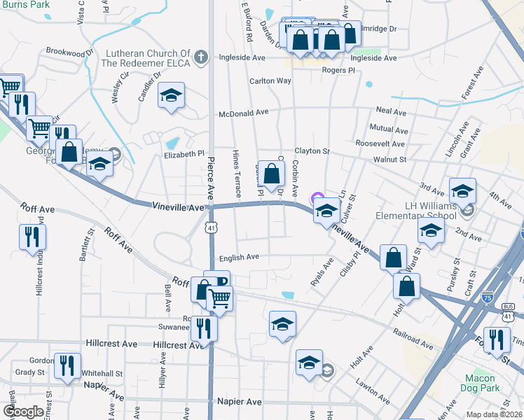map of restaurants, bars, coffee shops, grocery stores, and more near 155 Oak Haven Avenue in Macon