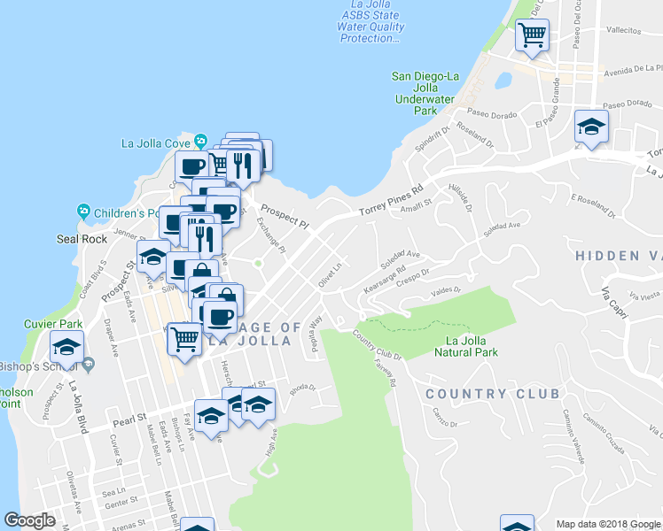 map of restaurants, bars, coffee shops, grocery stores, and more near 1461 Virginia Way in San Diego