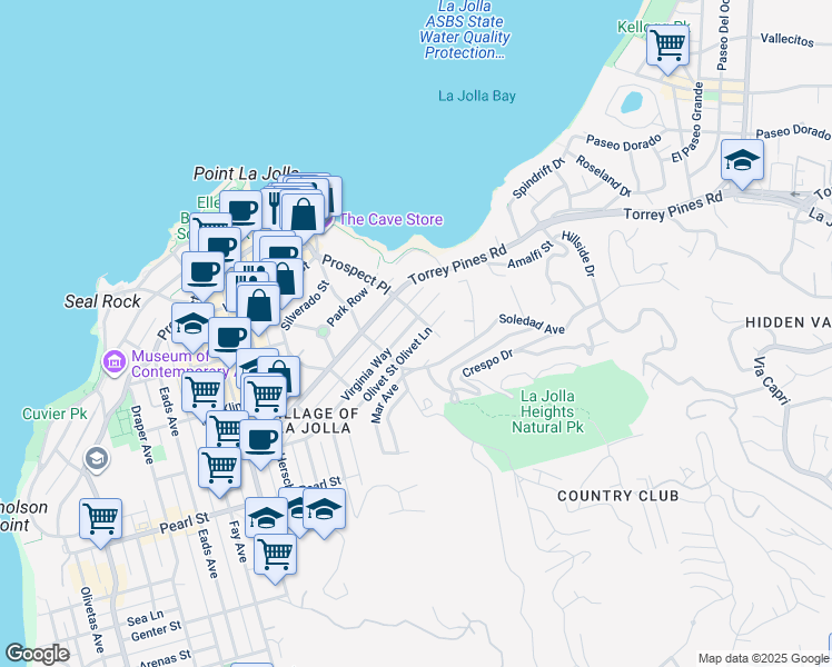 map of restaurants, bars, coffee shops, grocery stores, and more near 1461 Virginia Way in San Diego