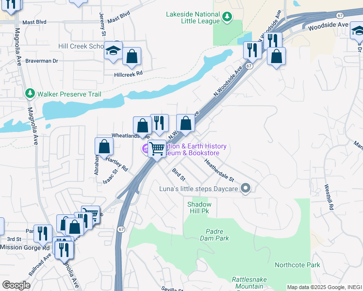 map of restaurants, bars, coffee shops, grocery stores, and more near 11085 Woodside Avenue in Santee