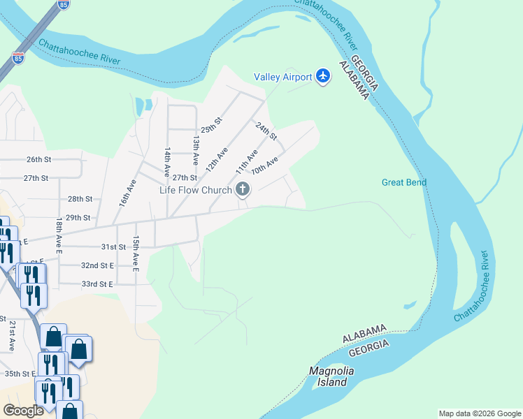 map of restaurants, bars, coffee shops, grocery stores, and more near 1248-1252 30th Street East in Valley