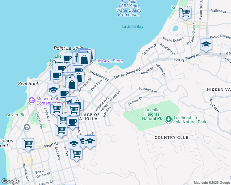 map of restaurants, bars, coffee shops, grocery stores, and more near 1461 Virginia Way in San Diego