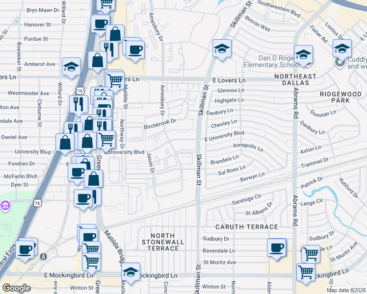 map of restaurants, bars, coffee shops, grocery stores, and more near 6004 East University Boulevard in Dallas
