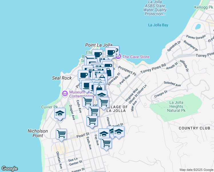 map of restaurants, bars, coffee shops, grocery stores, and more near 7769 Ivanhoe Avenue in San Diego