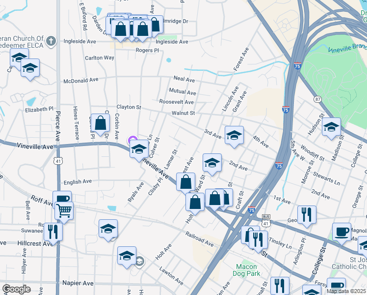 map of restaurants, bars, coffee shops, grocery stores, and more near 149 Lamar Street in Macon