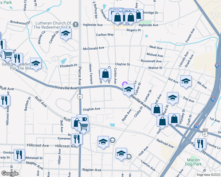 map of restaurants, bars, coffee shops, grocery stores, and more near 145 Buckingham Place in Macon