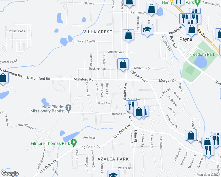 map of restaurants, bars, coffee shops, grocery stores, and more near 3536 Thorpe Street in Macon