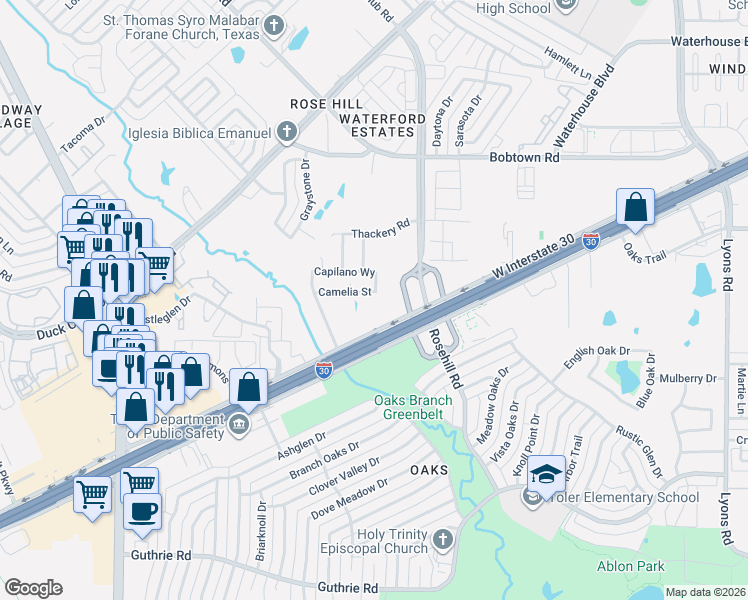 map of restaurants, bars, coffee shops, grocery stores, and more near 151 West Ih 30 in Garland