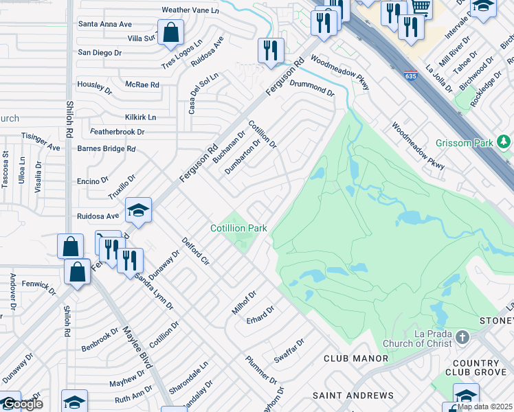 map of restaurants, bars, coffee shops, grocery stores, and more near 3609 Bon Park Court in Dallas