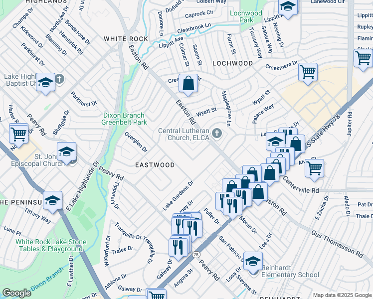 map of restaurants, bars, coffee shops, grocery stores, and more near 955 Forest Grove Drive in Dallas