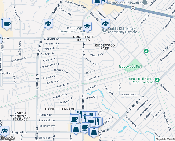 map of restaurants, bars, coffee shops, grocery stores, and more near 6428 Axton Lane in Dallas
