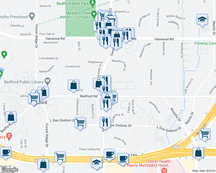 map of restaurants, bars, coffee shops, grocery stores, and more near 2101 Bedford Road in Bedford