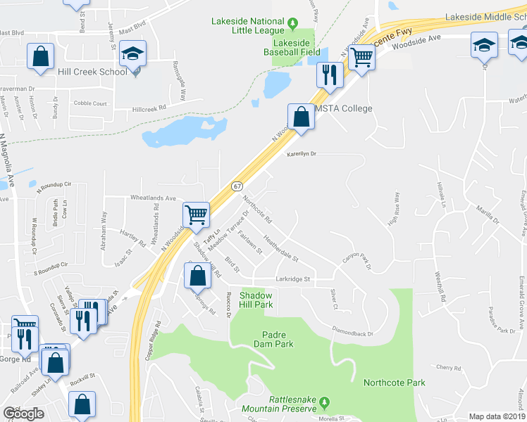 map of restaurants, bars, coffee shops, grocery stores, and more near 11202 Via Teresa in Santee