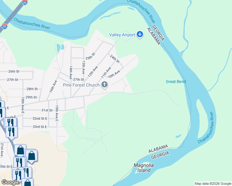 map of restaurants, bars, coffee shops, grocery stores, and more near 1248-1252 30th Street East in Valley