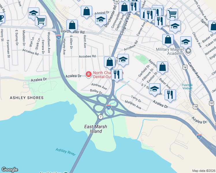 map of restaurants, bars, coffee shops, grocery stores, and more near 2344 Cosgrove Avenue in North Charleston